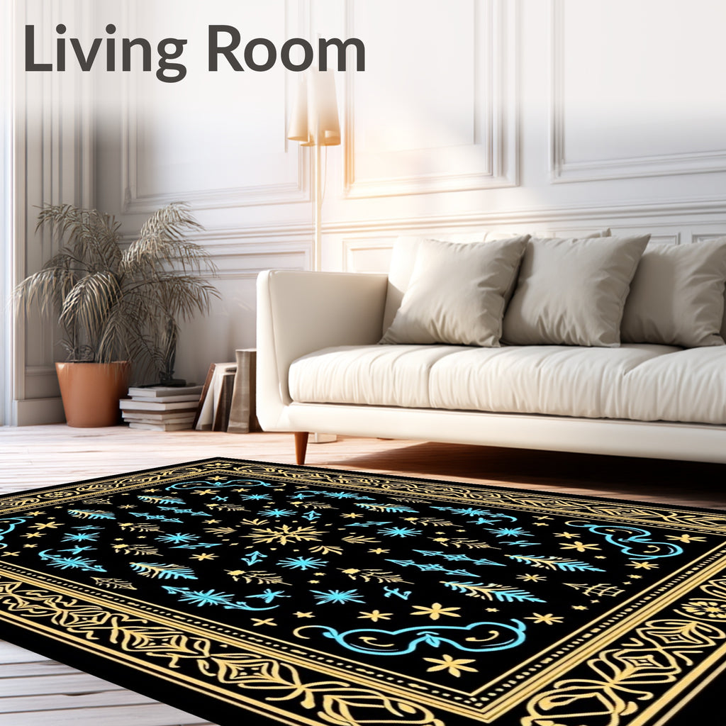 Golden Black Celestial Snowflake Swirl Rug