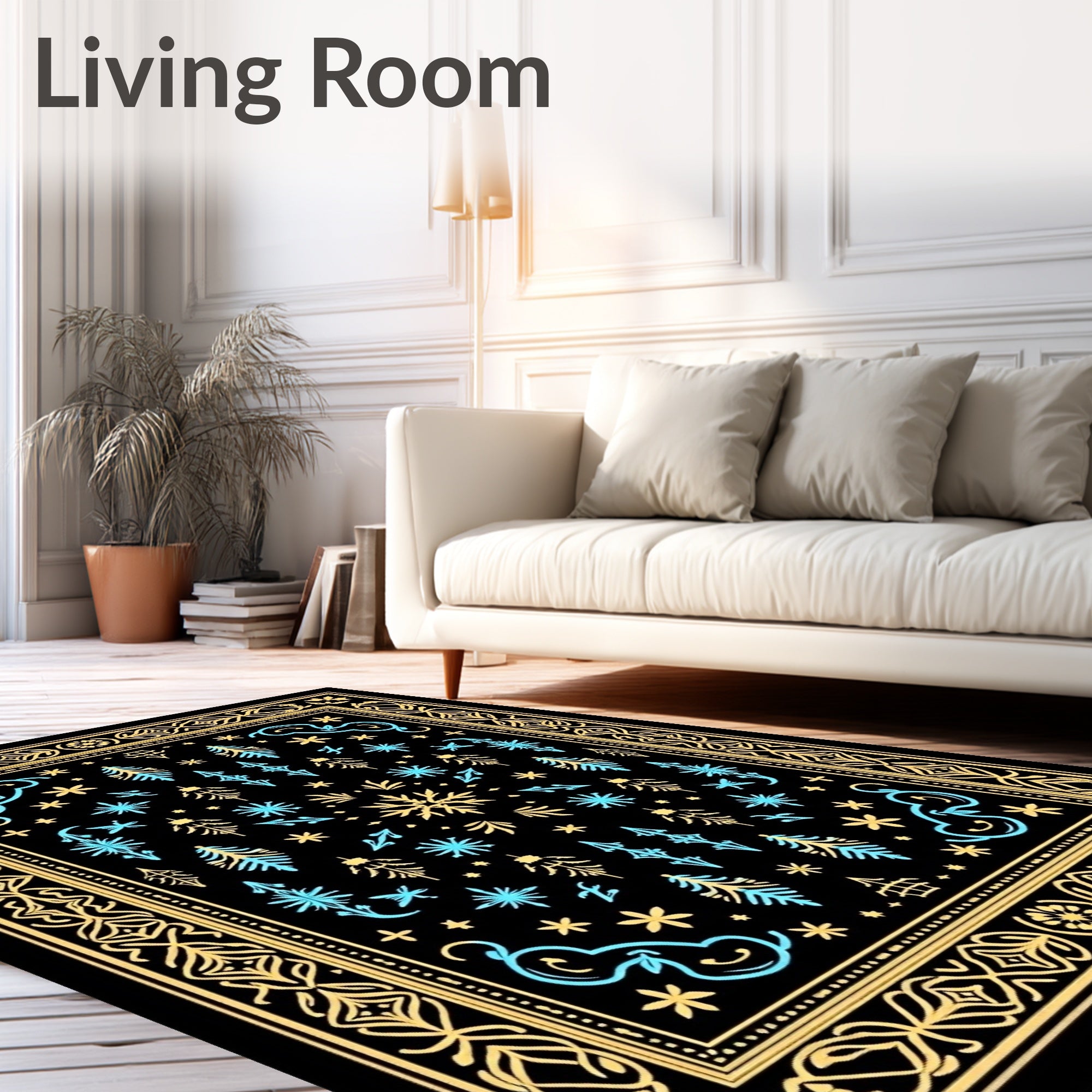 Golden Black Celestial Snowflake Swirl Rug
