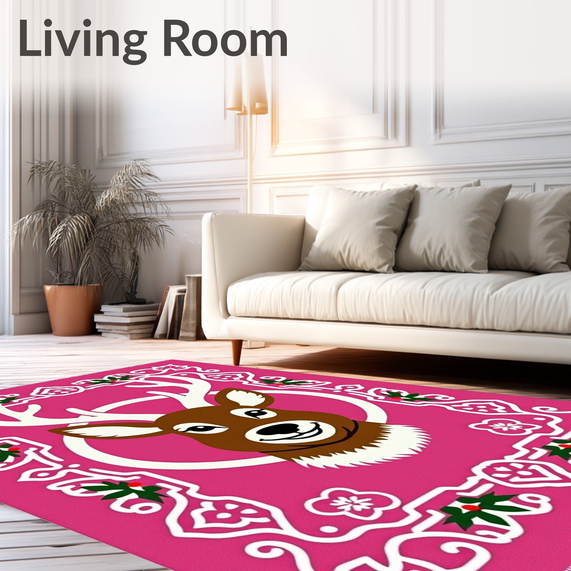 Whimsical Pink Deer Holly Border Rug