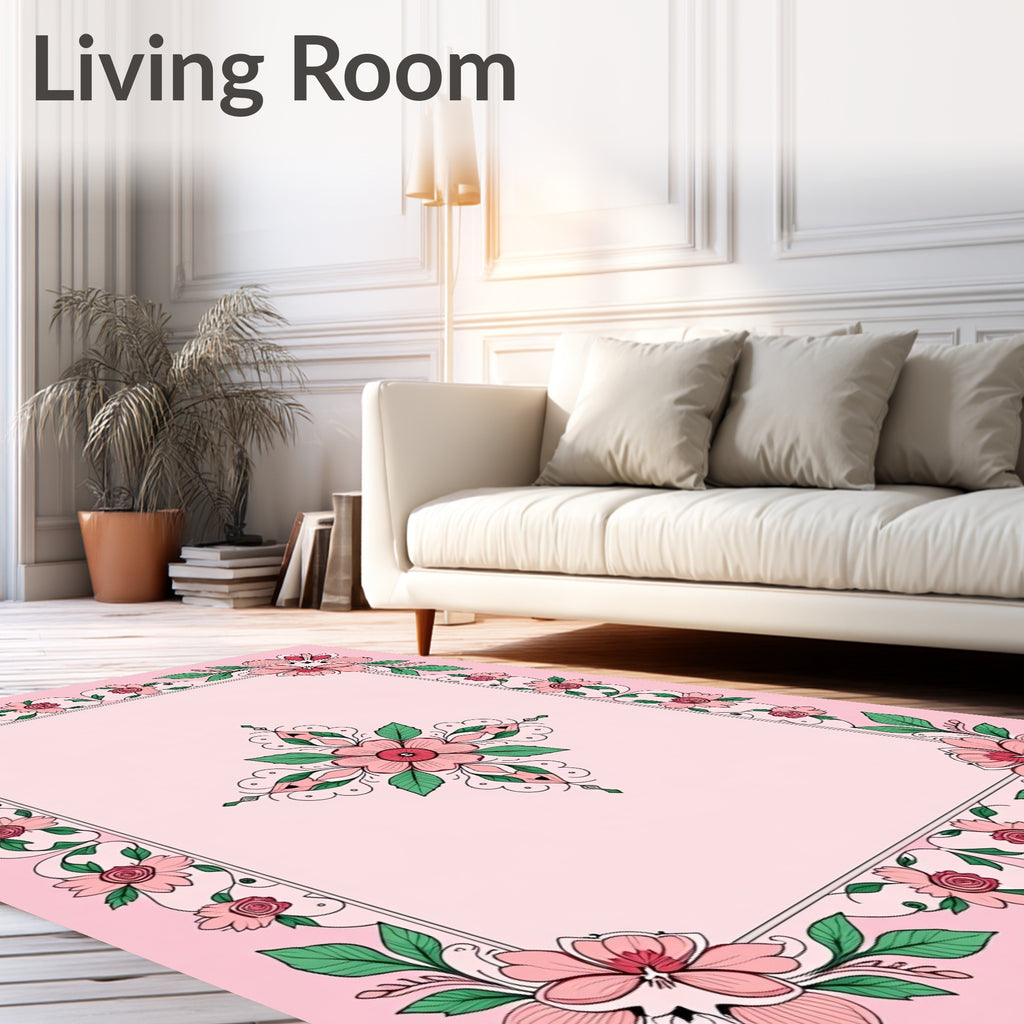 Charming Pink Floral Medallion Border Rug