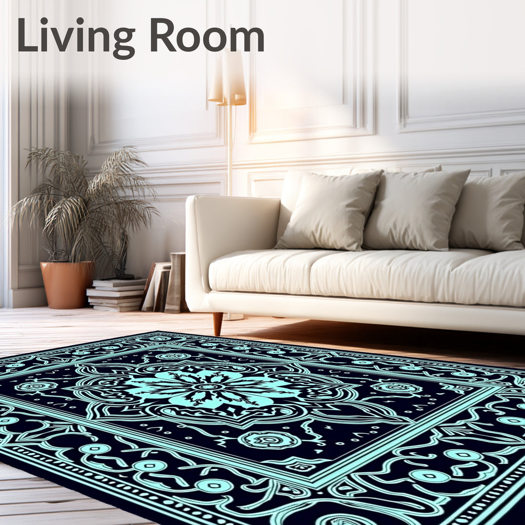 Teal Floral Medallion Midnight Garden Rug