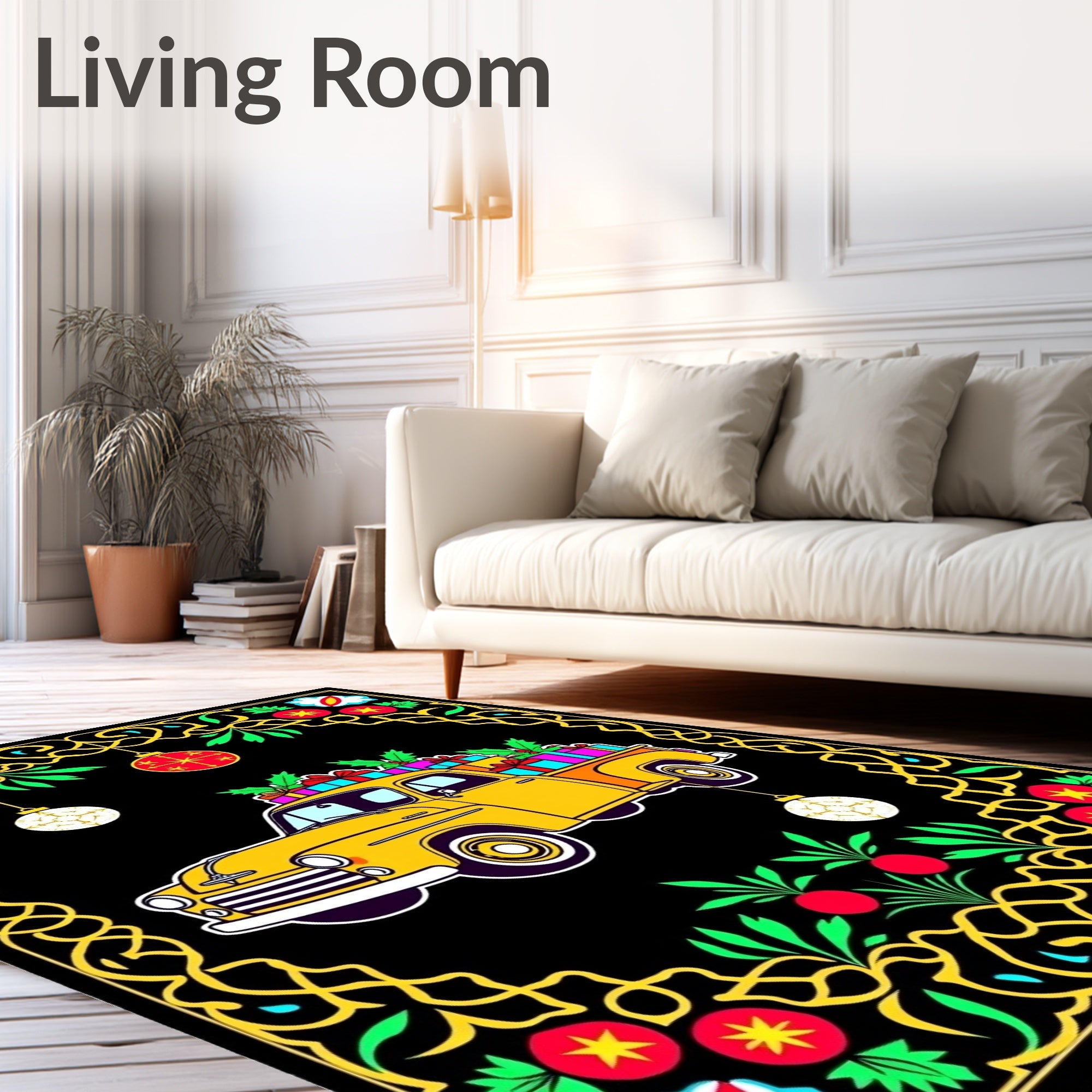 Yellow Truck Floral Holiday Christmas Rug