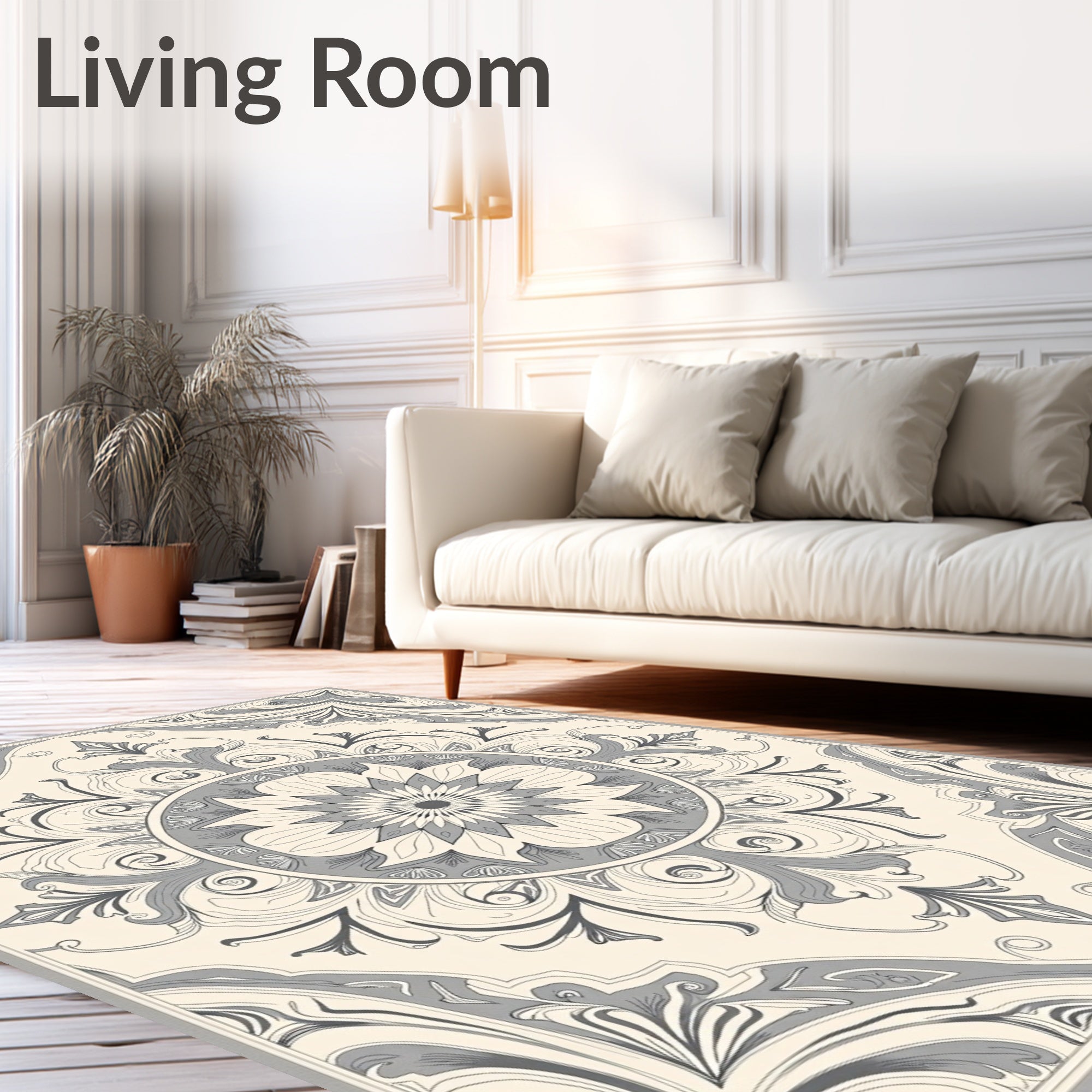 Elegant Cream Gray Floral Mandala Rug