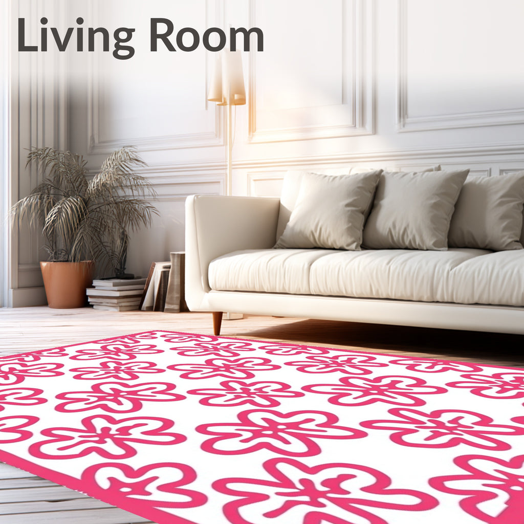 Bright Pink Hand Drawn Floral Contemporary Rug