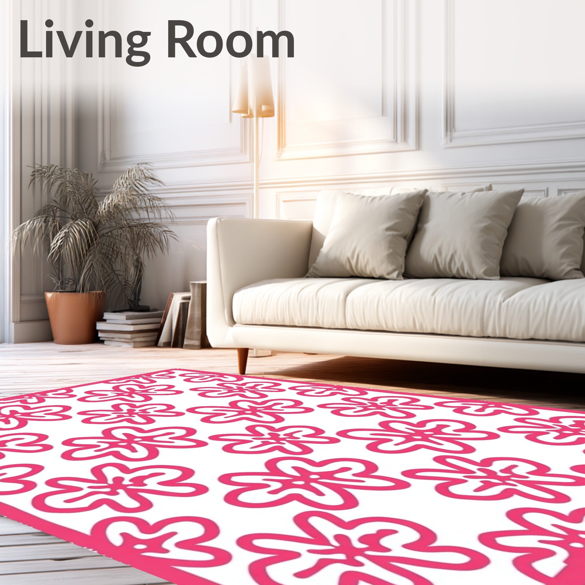 Bright Pink Hand Drawn Floral Contemporary Rug