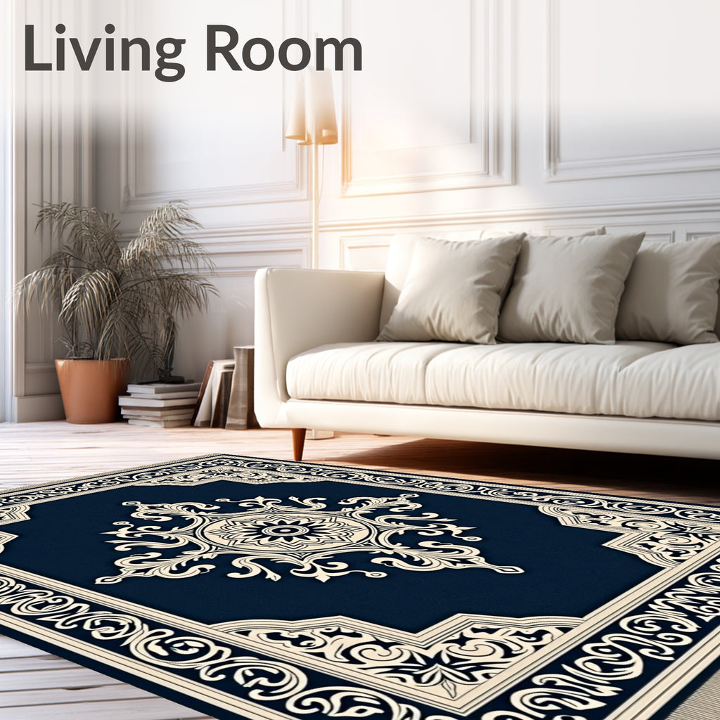 Deep Blue Cream Ornate Medallion Rug