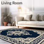Deep Blue Cream Ornate Medallion Rug