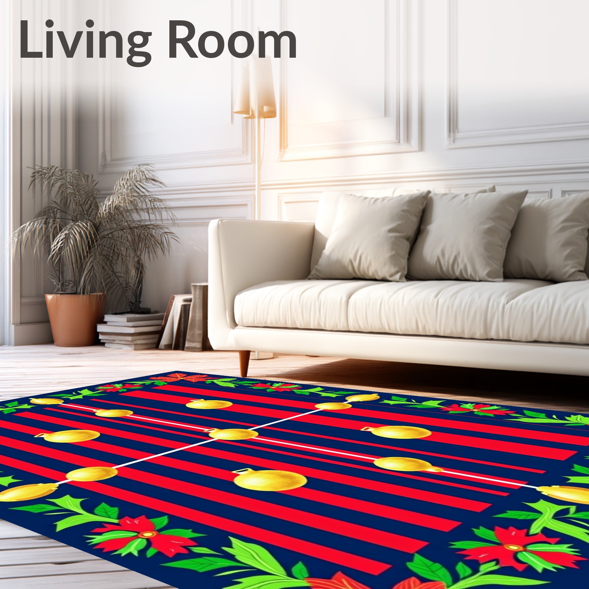 Festive Gold Bauble Poinsettia Border Rug