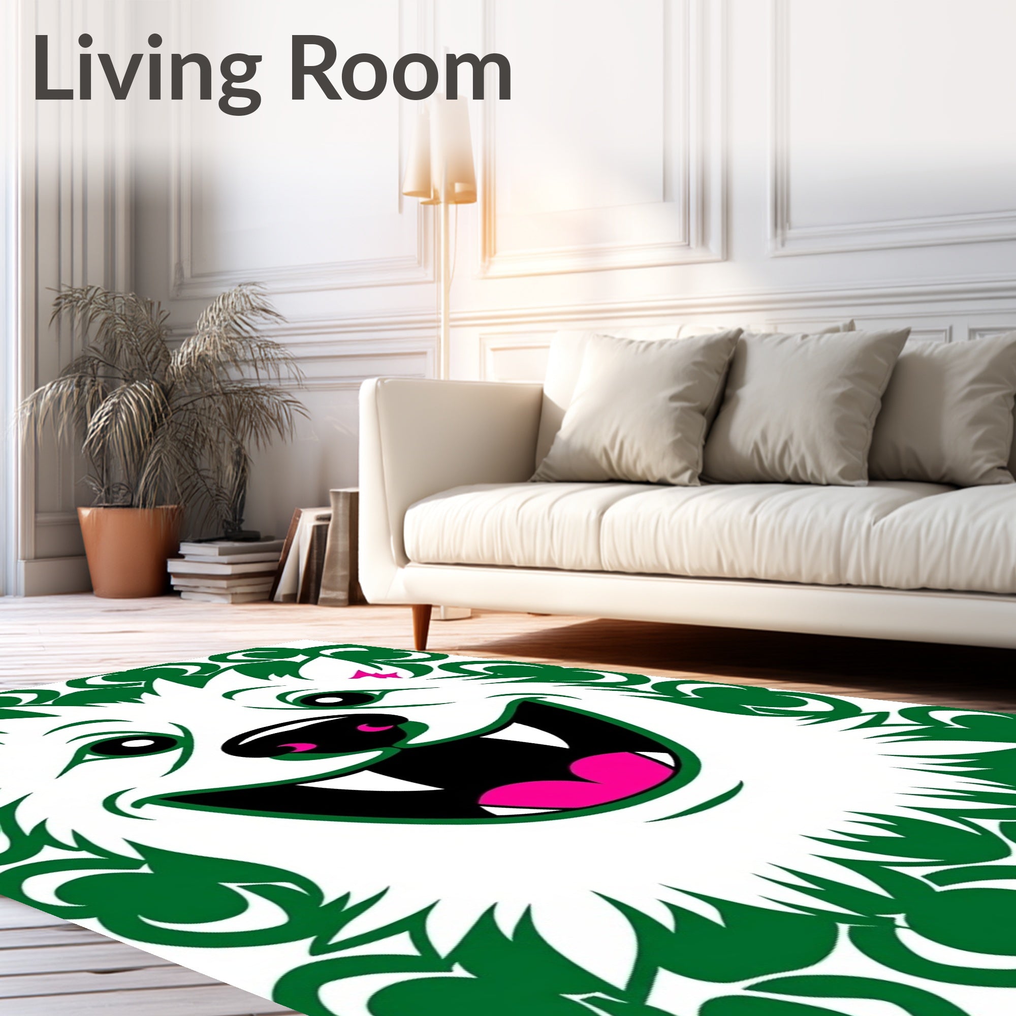 Whimsical White Feline Green Outline Rug