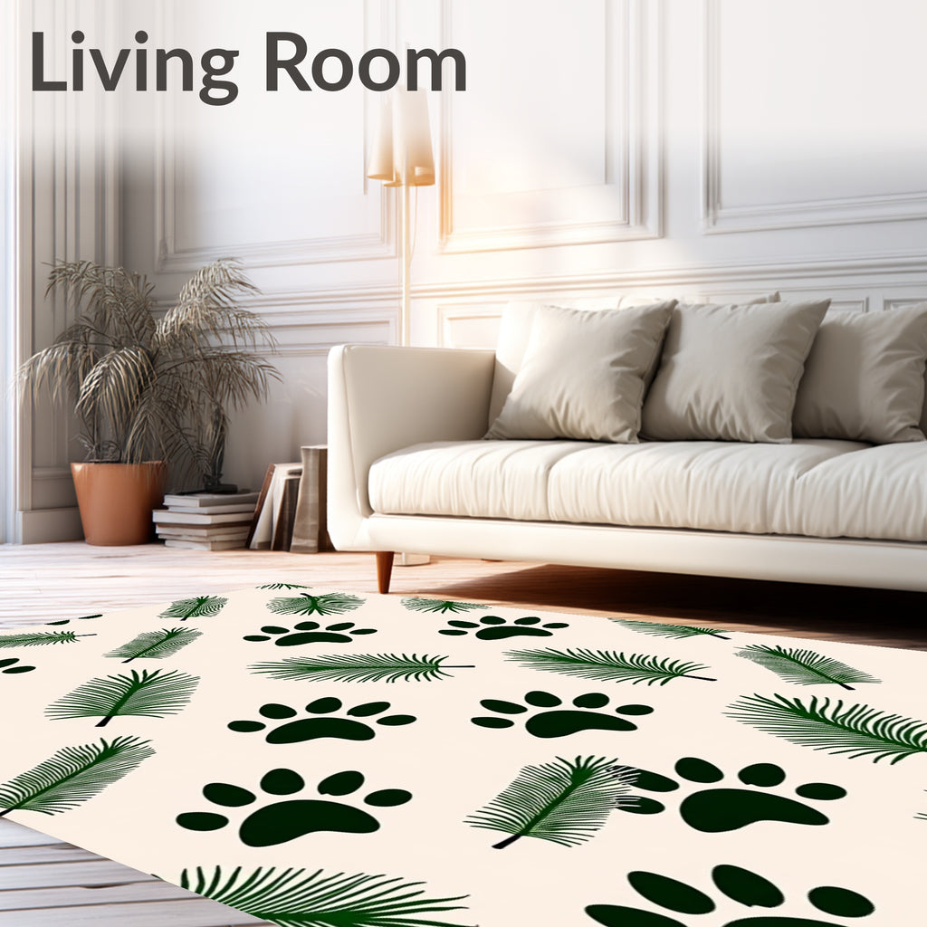 Forest Green Paw Prints Fern Leaves Rug