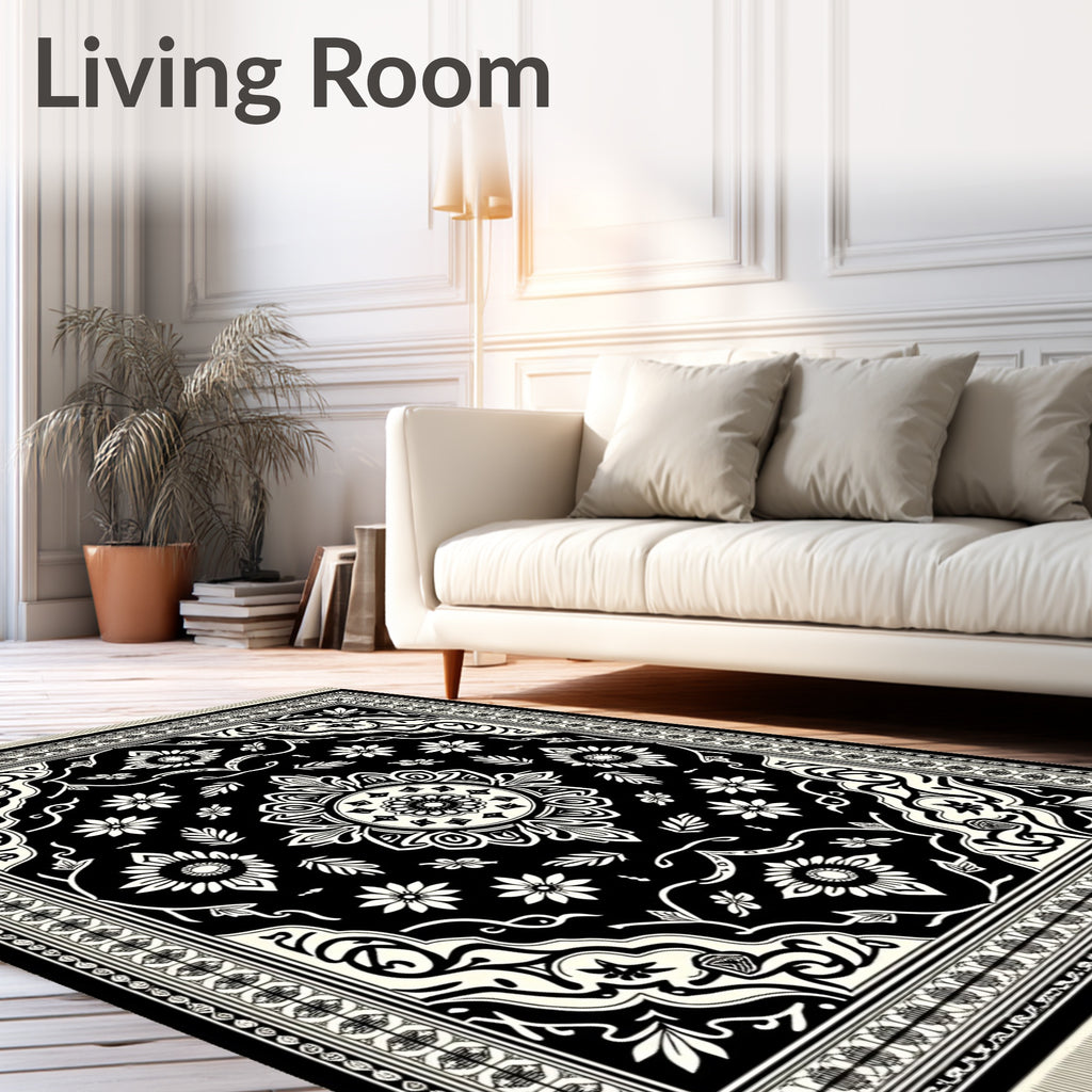 Black Cream Ornate Floral Border Rug