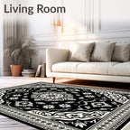 Black Cream Ornate Floral Border Rug