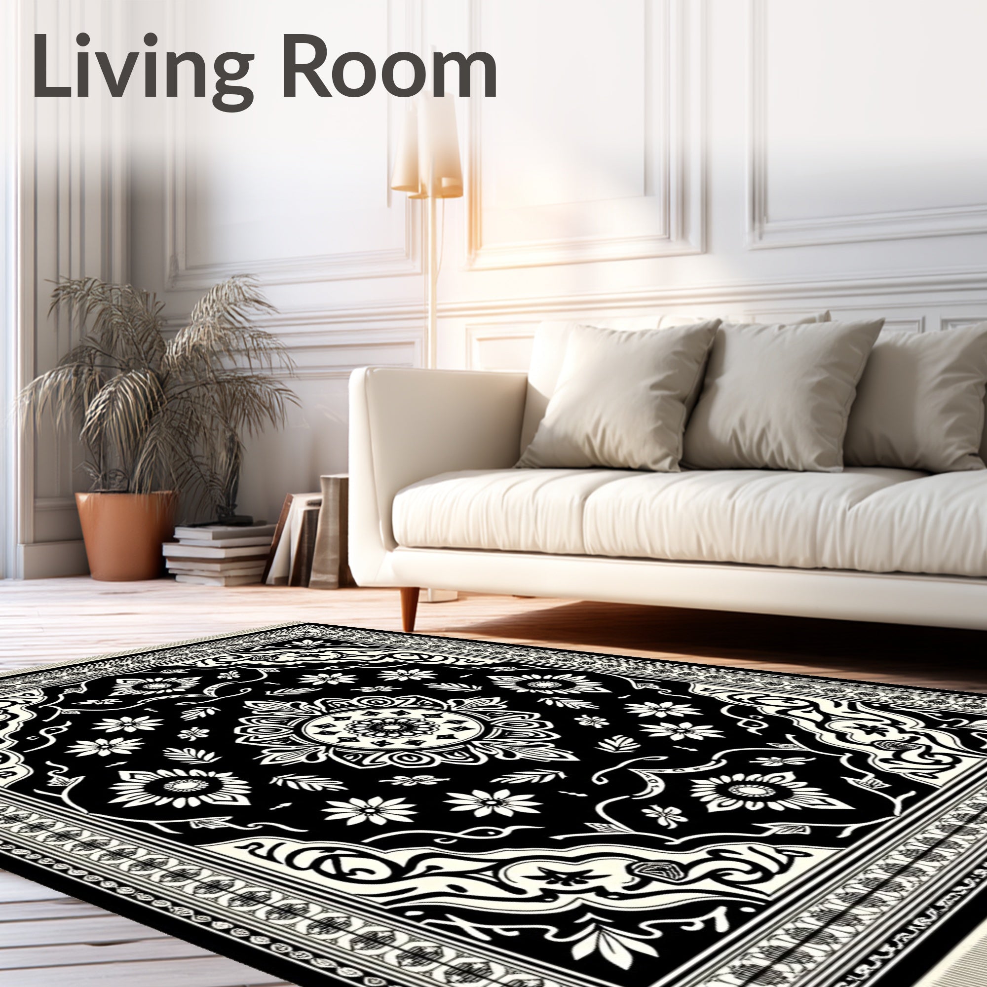 Black Cream Ornate Floral Border Rug