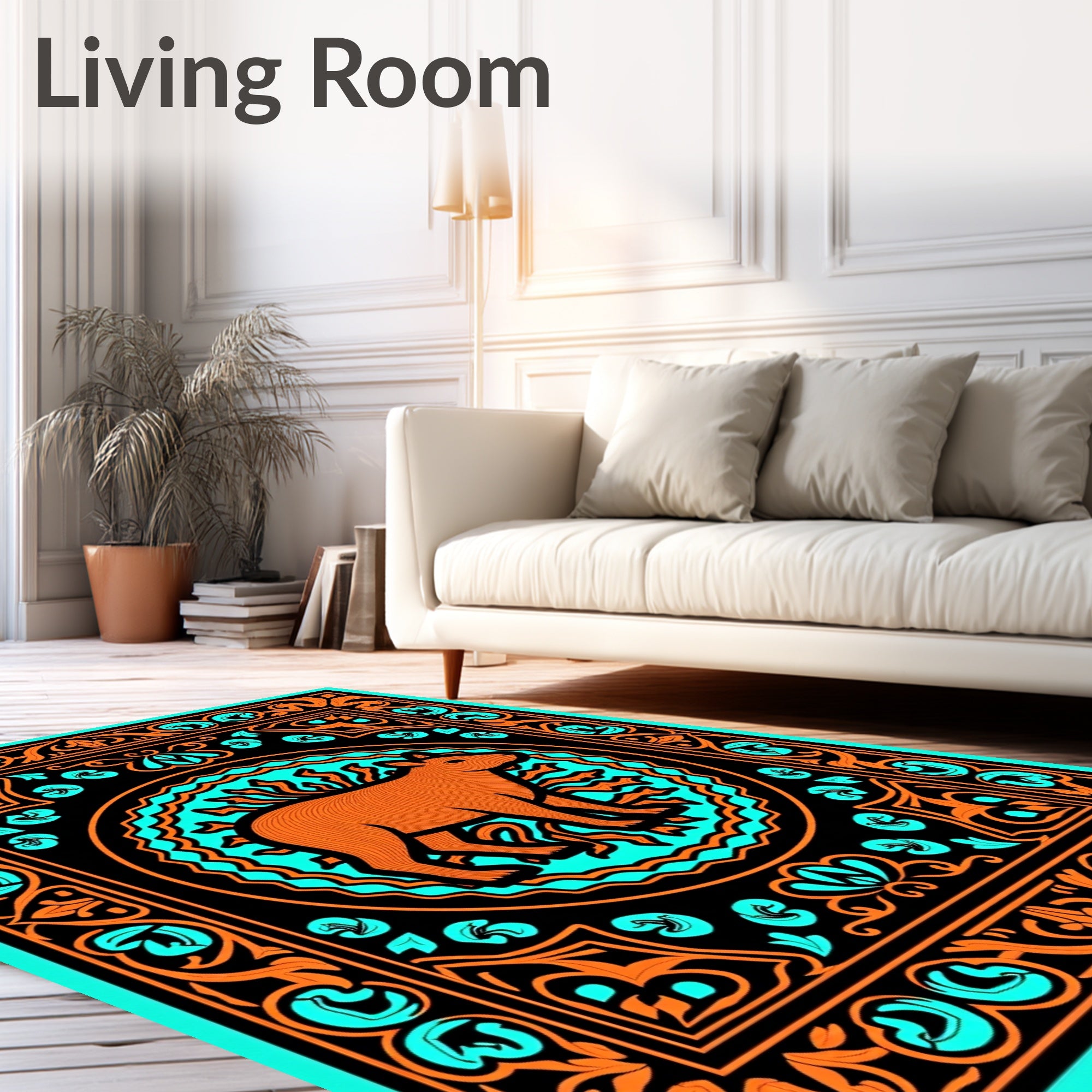 Orange Capybara Teal Frame Rug