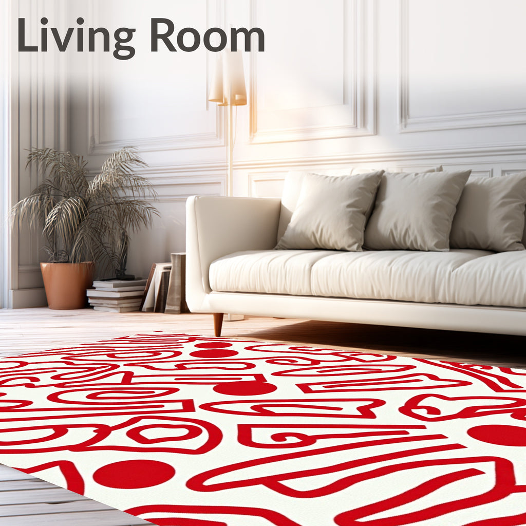 Crimson White Abstract Curvy Line Rug
