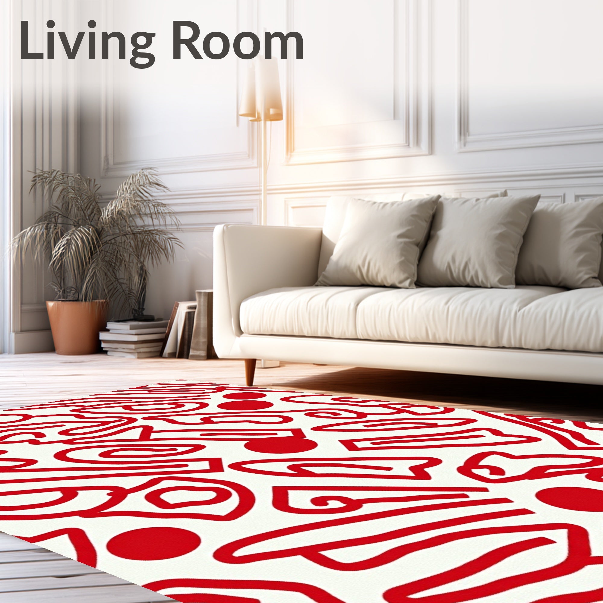 Crimson White Abstract Curvy Line Rug