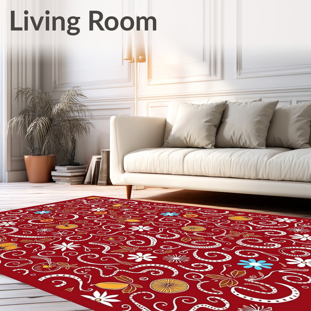 Red Floral Fruit Swirl Tapestry Rug