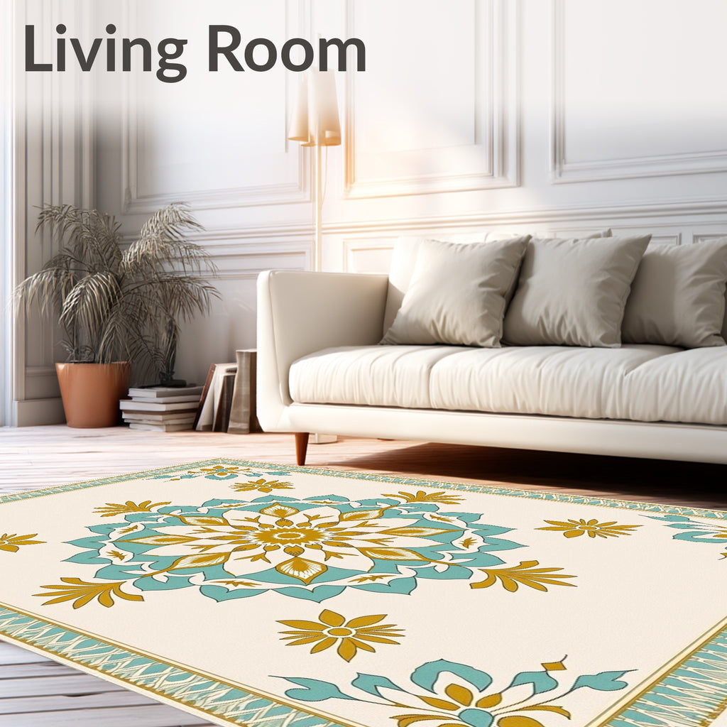 Golden Teal Floral Medallion Border Rug
