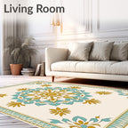 Golden Teal Floral Medallion Border Rug