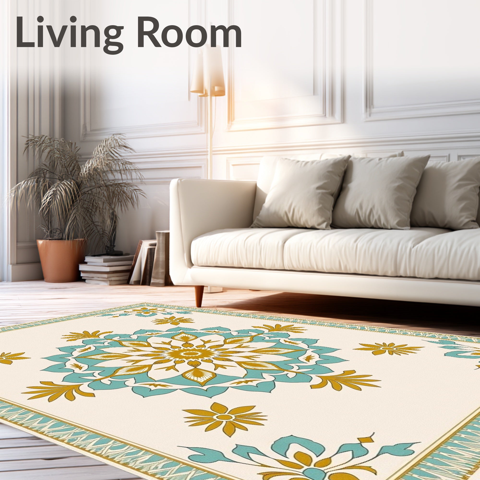Golden Teal Floral Medallion Border Rug