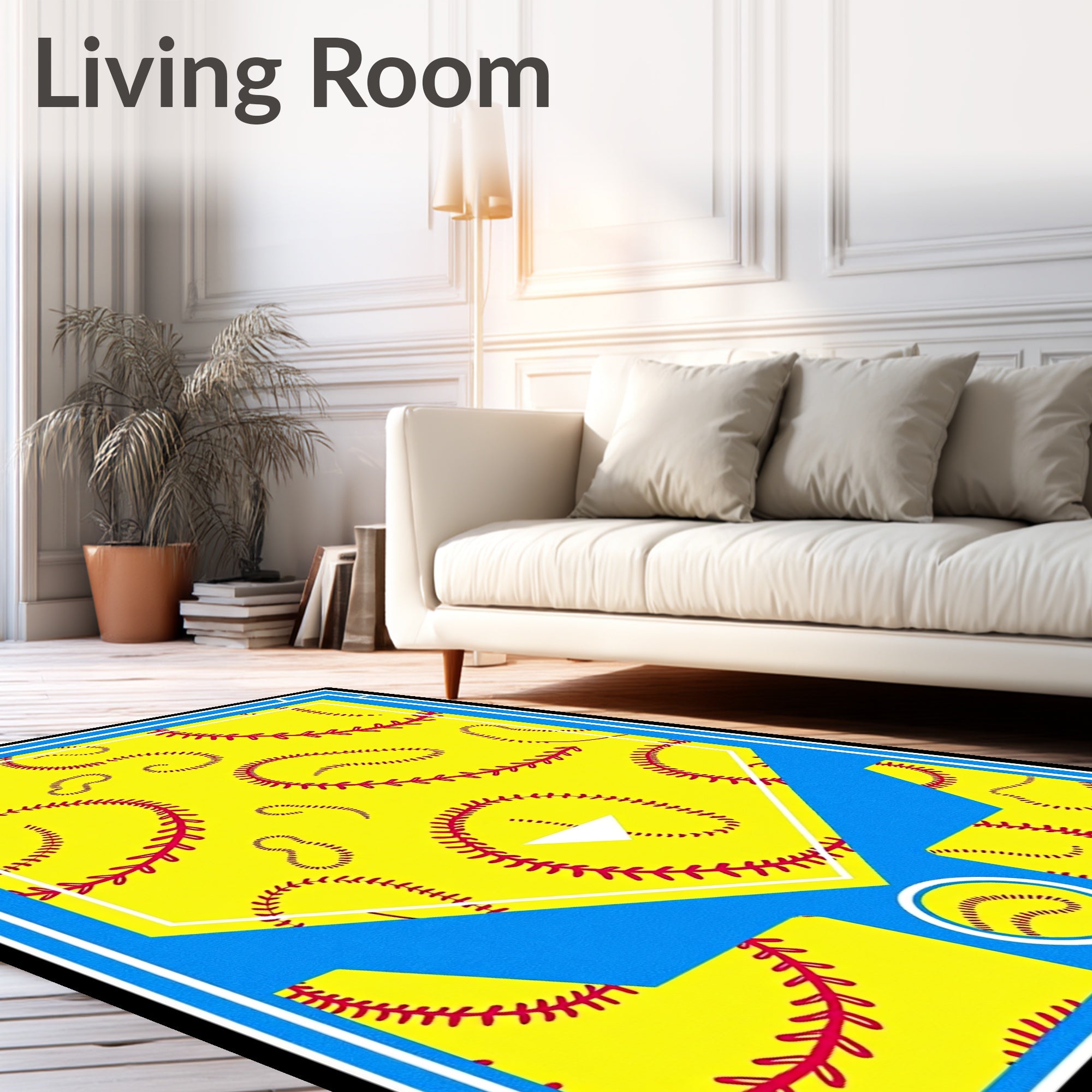 Vibrant Yellow Softball Stitch Area Rug