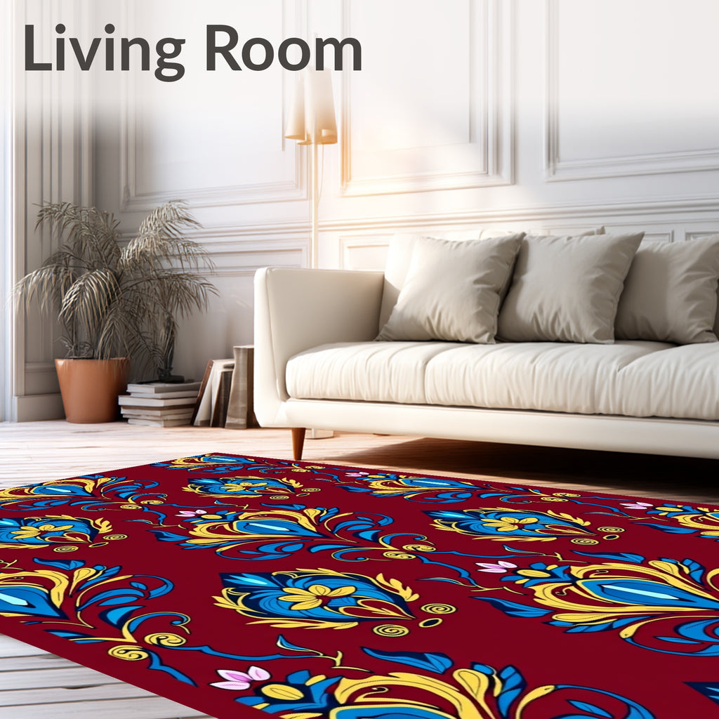 Crimson Blue Yellow Damask Floral Rug