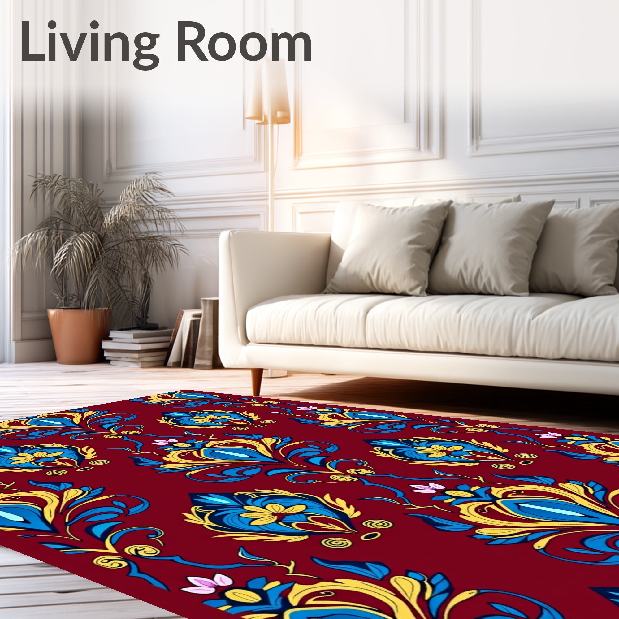 Crimson Blue Yellow Damask Floral Rug