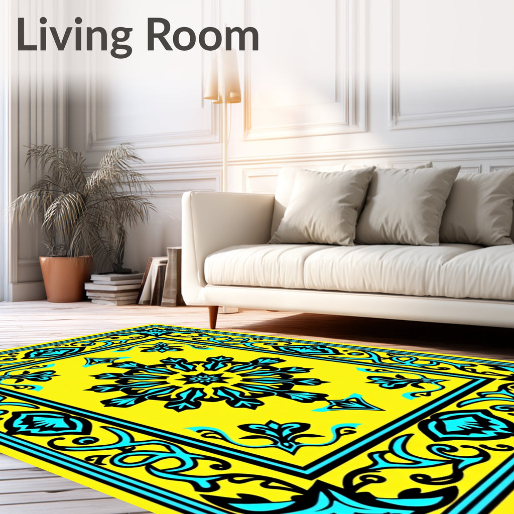 Bold Yellow Black Turquoise Floral Medallion Rug