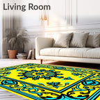 Bold Yellow Black Turquoise Floral Medallion Rug
