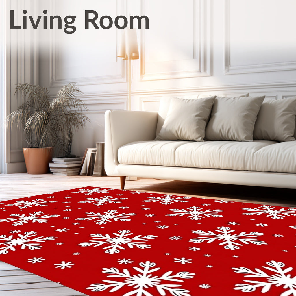 White Snowflakes on Red Field Rug