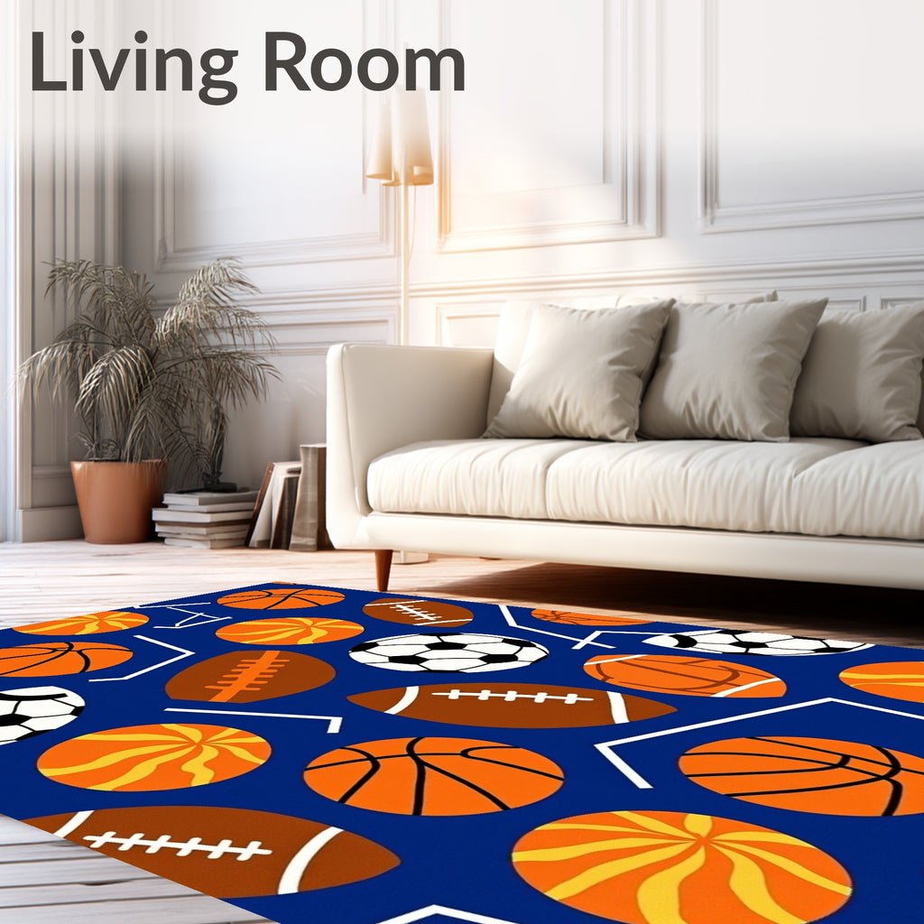 Orange Sports Ball Collage Blue Ground Rug