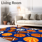 Orange Sports Ball Collage Blue Ground Rug