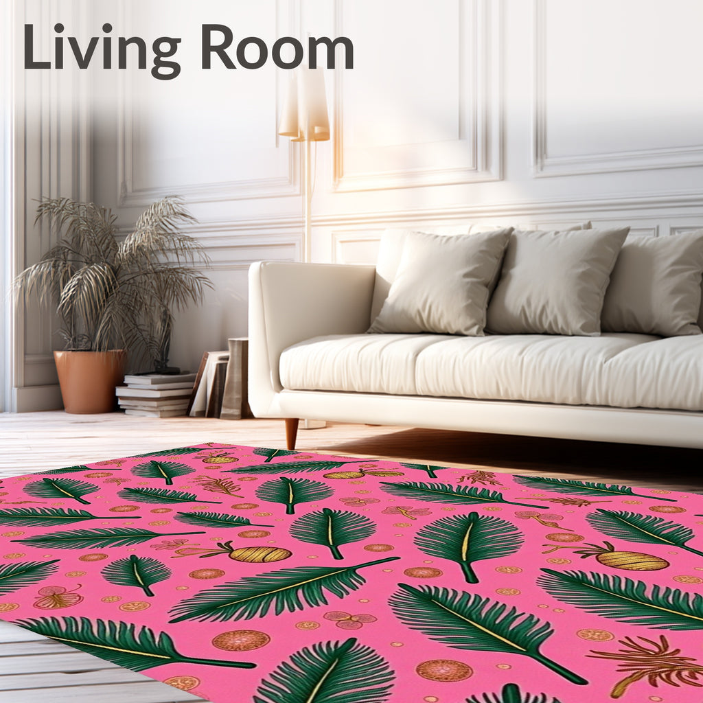 Tropical Green Ferns Gold Accents Pink Rug