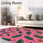 Tropical Green Ferns Gold Accents Pink Rug