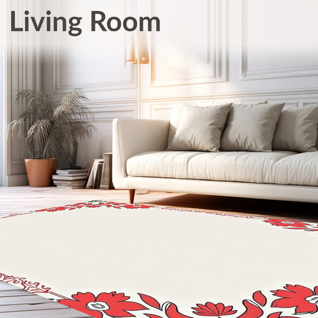 Vibrant Red Floral Border In Cream Rug