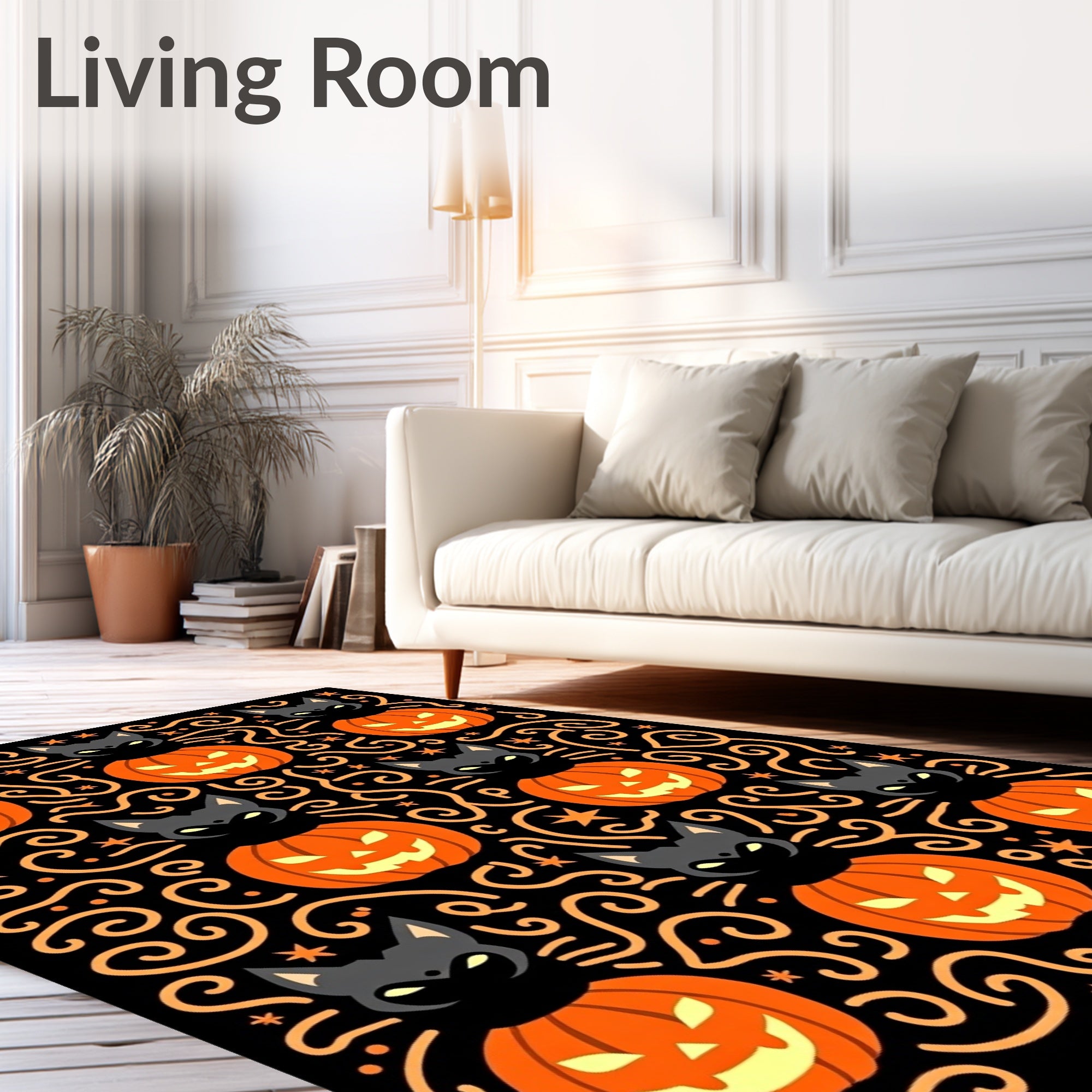 Spooky Black Cat Pumpkin Swirls Rug