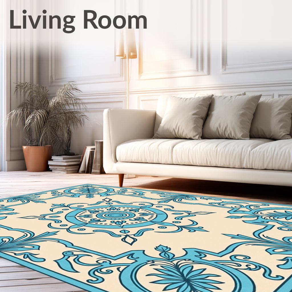 Turquoise Floral Medallion Cream Square Rug