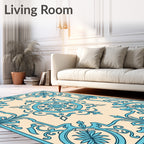 Turquoise Floral Medallion Cream Square Rug