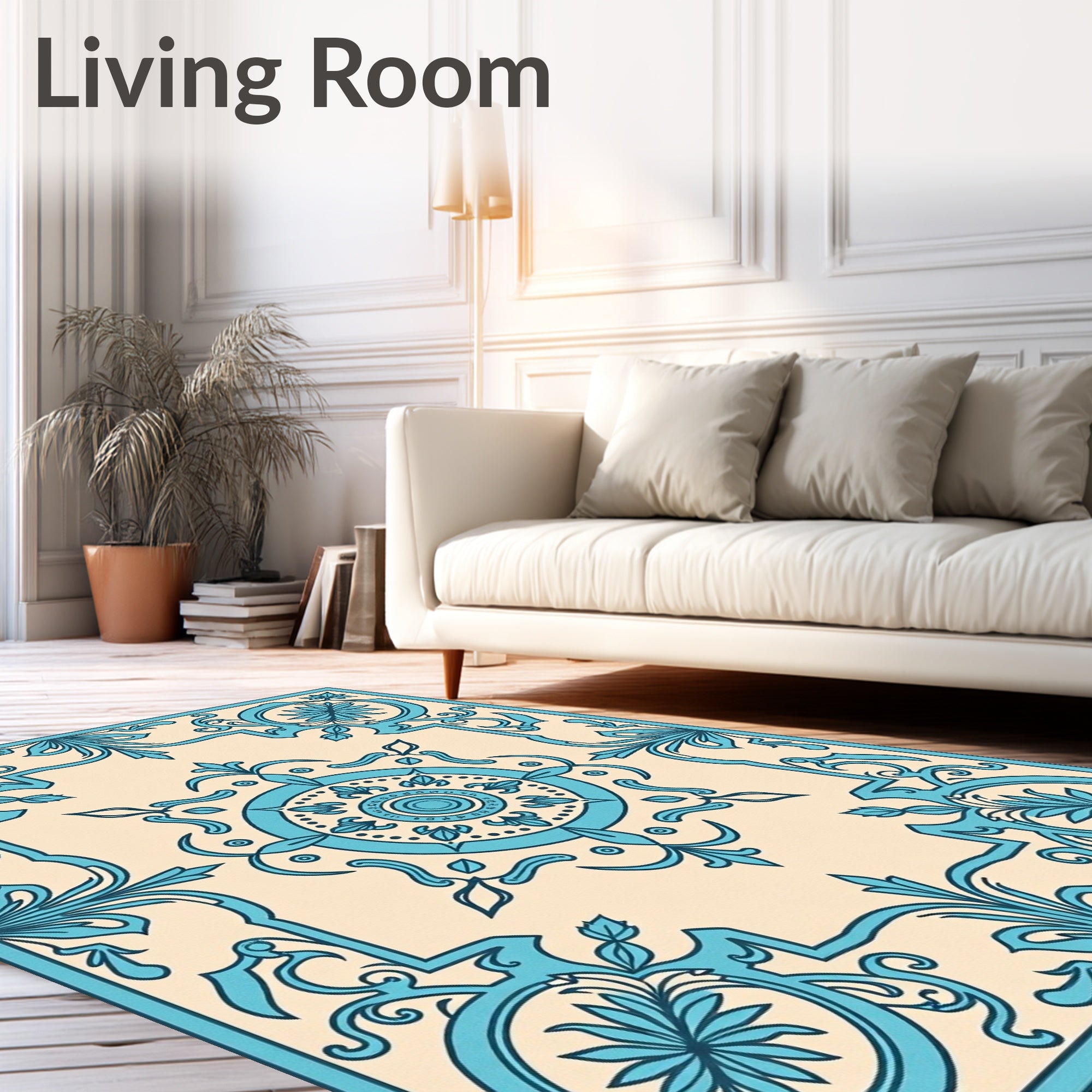 Turquoise Floral Medallion Cream Square Rug