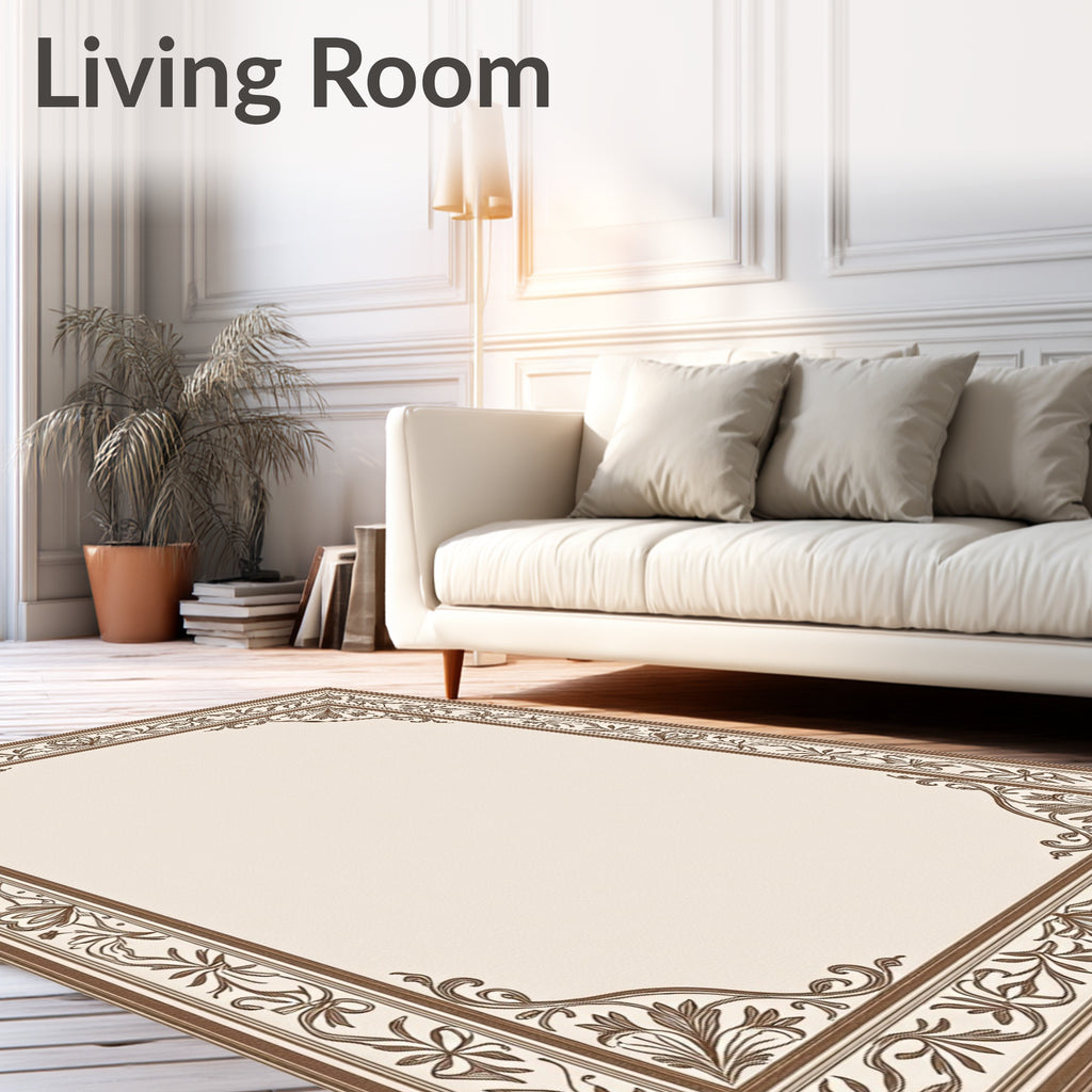 Brown Beige Floral Border Accent Rug