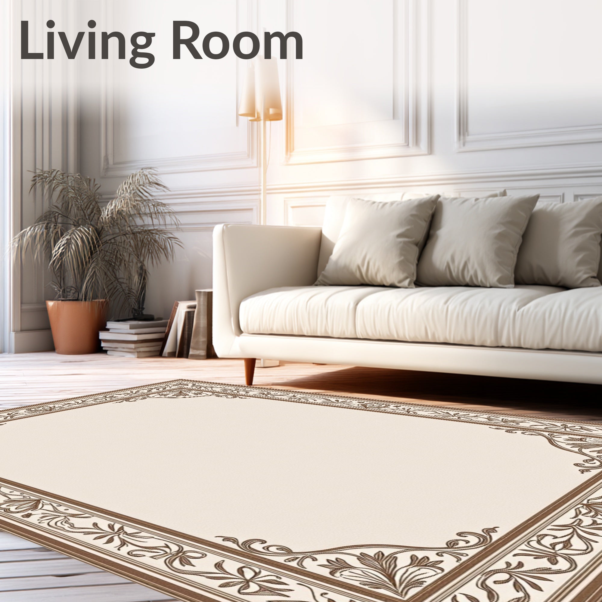 Brown Beige Floral Border Accent Rug