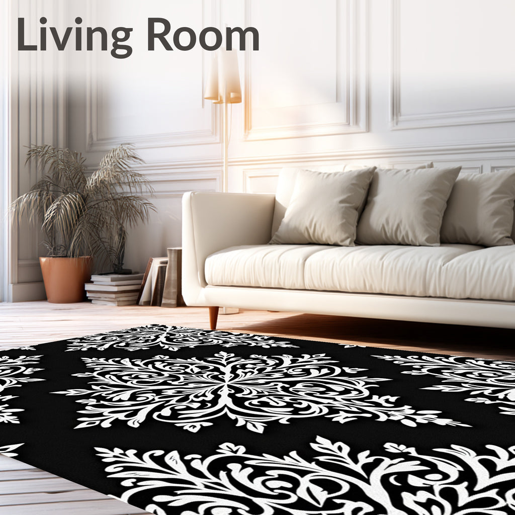 Elegant White Damask Noir Medallions Rug