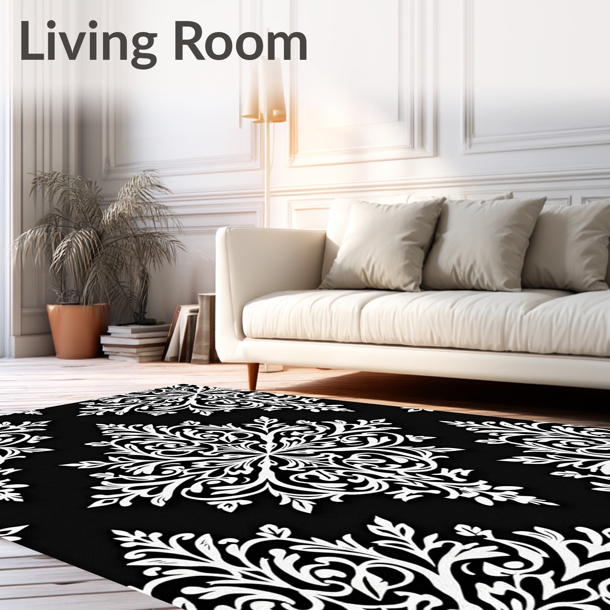 Elegant White Damask Noir Medallions Rug