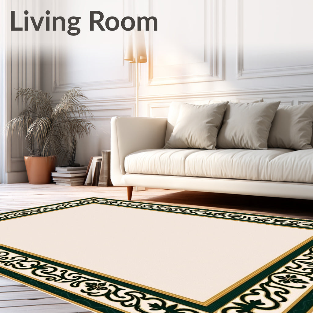 Elegant Ivory Scrollwork Vine Border Rug