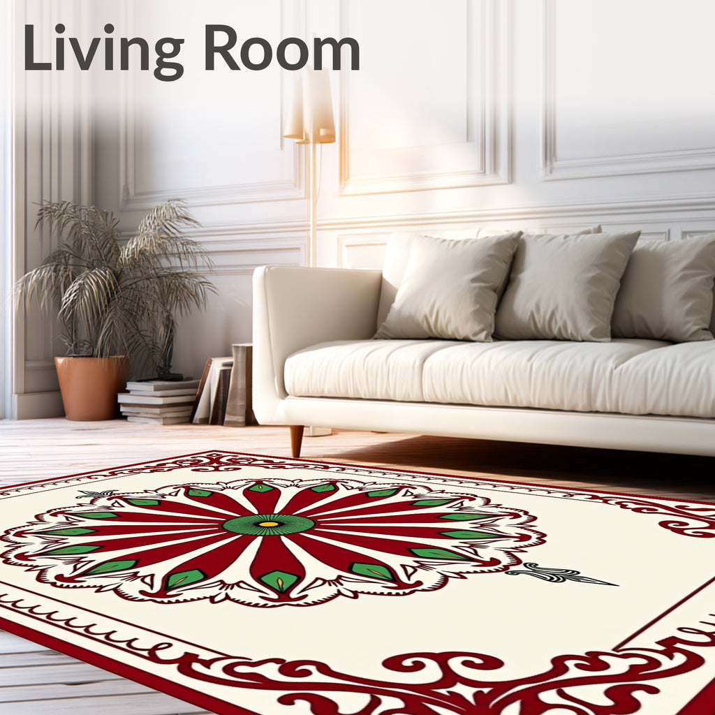 Rich Red Green Bloom Round Frame Rug
