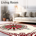 Rich Red Green Bloom Round Frame Rug