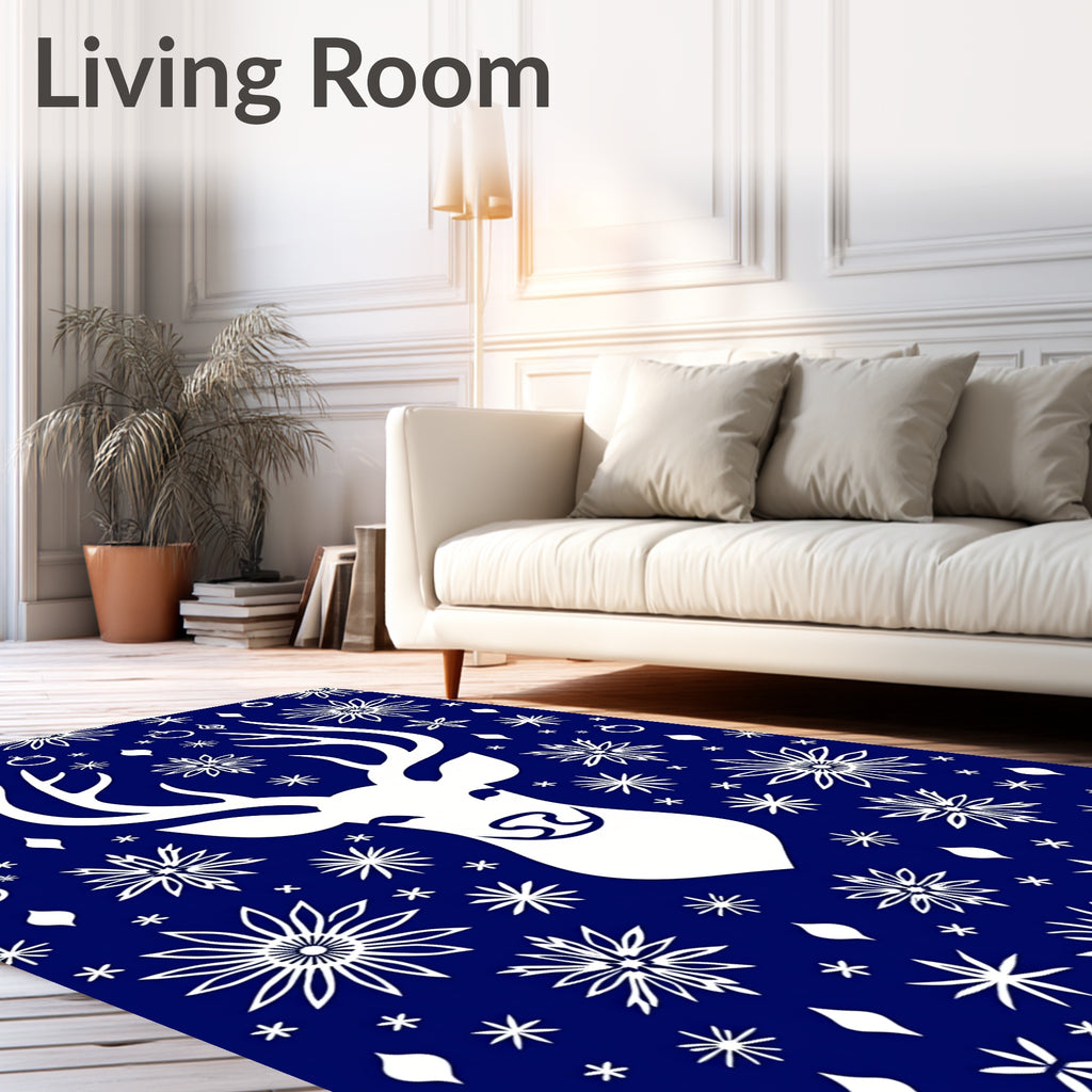 White Deer Snowflakes Deep Blue Rug