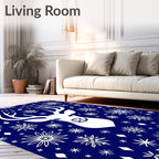 White Deer Snowflakes Deep Blue Rug