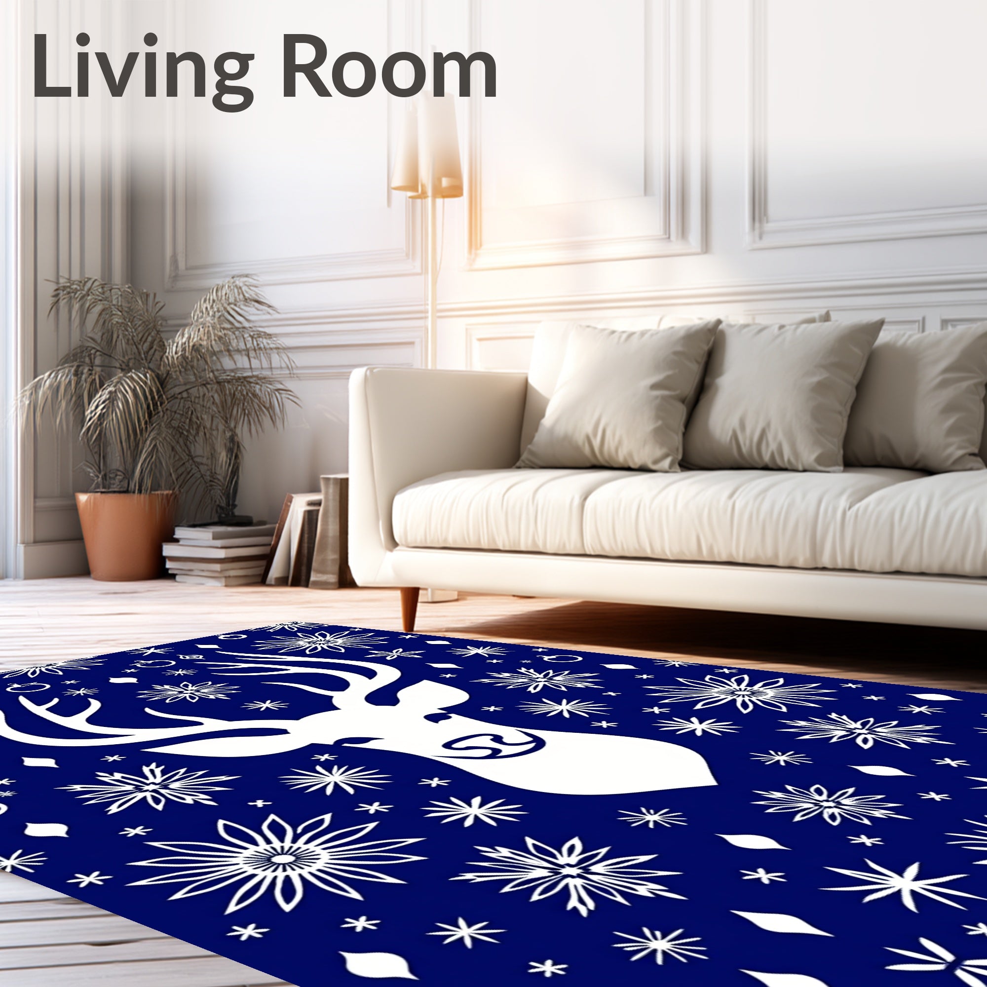 White Deer Snowflakes Deep Blue Rug