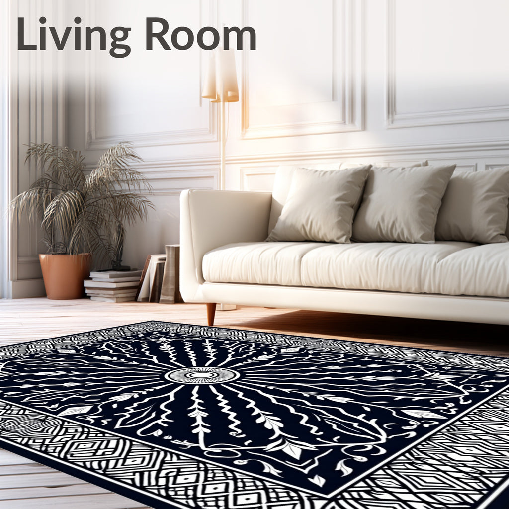 Dark Navy White Floral Sunburst Border Rug